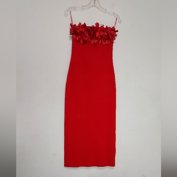 Zara  Floral Knit Elegant Red Strapless Dress Sz-L - Picture 2 of 10